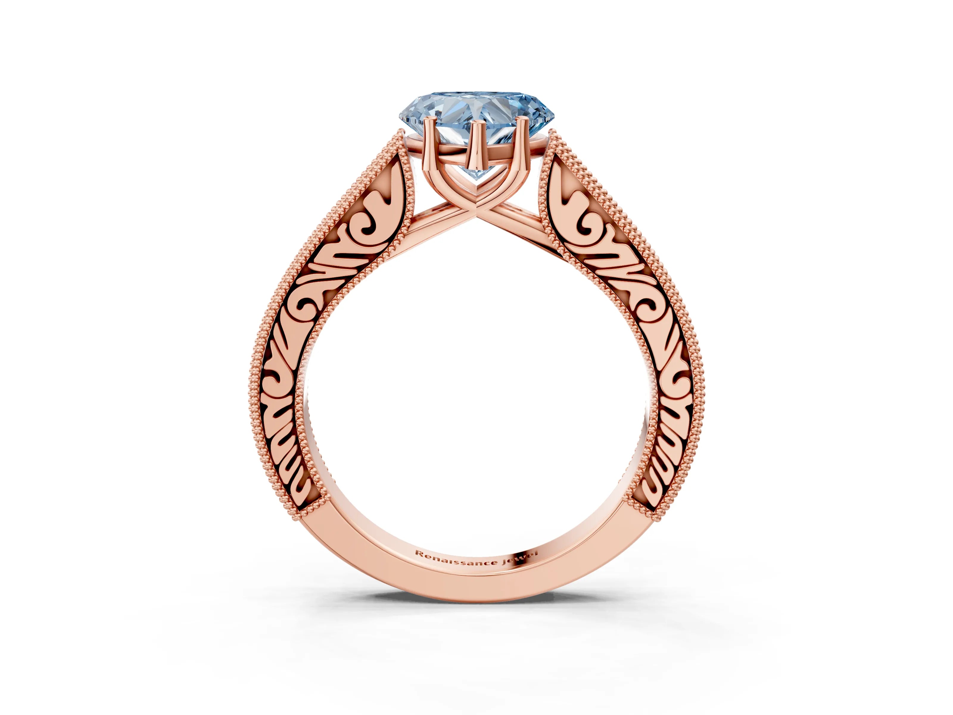 Rose gold Fancy Blue Heart Cut Cut Pave Band Milgrain Solitaire Ring_3