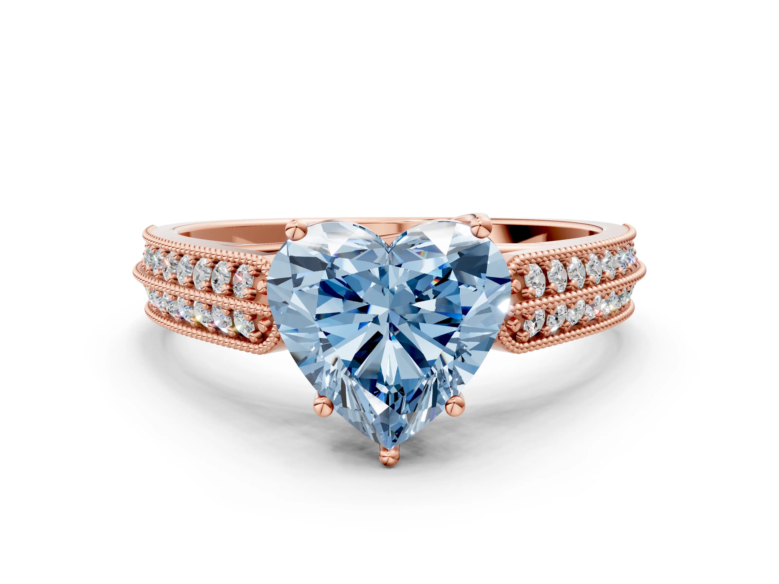 Rose gold Fancy Blue Heart Cut Cut Pave Split Shank Engagement Ring with Four-Prong Setting