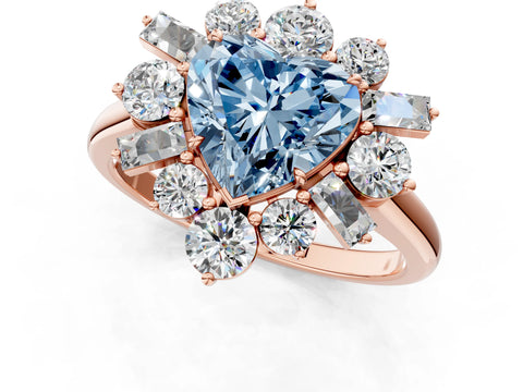 Rose gold Fancy Blue Heart Cut Diamond Cluster Ring with Round and Baguette Stones, Split Shank Band, Prong Setting_1