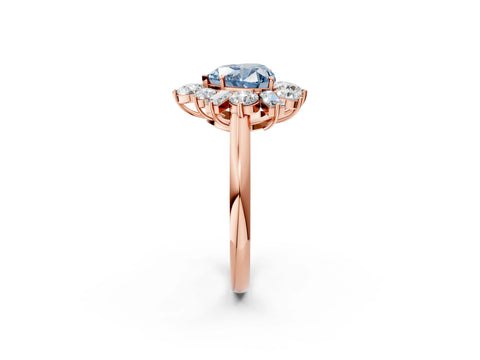 Rose gold Fancy Blue Heart Cut Diamond Cluster Ring with Round and Baguette Stones, Split Shank Band, Prong Setting_2