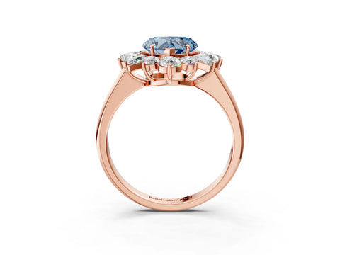 Rose gold Fancy Blue Heart Cut Diamond Cluster Ring with Round and Baguette Stones, Split Shank Band, Prong Setting_3