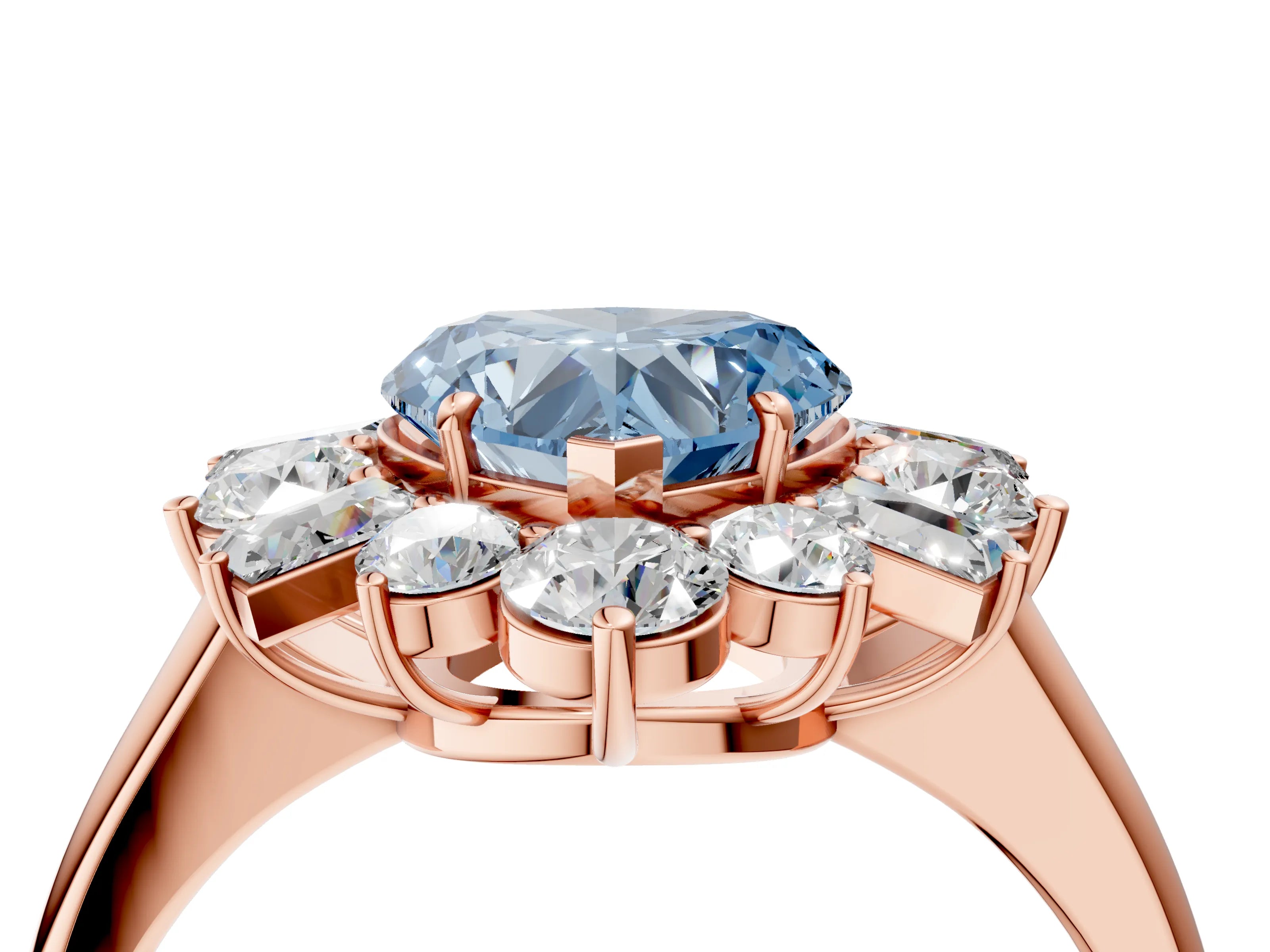 Rose gold Fancy Blue Heart Cut Diamond Cluster Ring with Round and Baguette Stones, Split Shank Band, Prong Setting_4