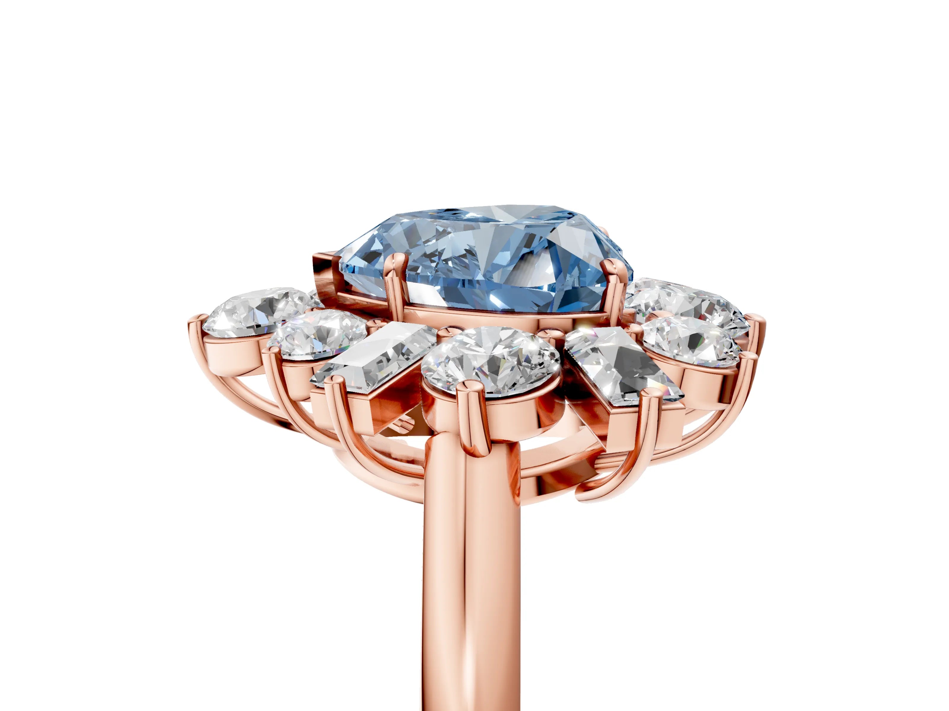 Rose gold Fancy Blue Heart Cut Diamond Cluster Ring with Round and Baguette Stones, Split Shank Band, Prong Setting_5