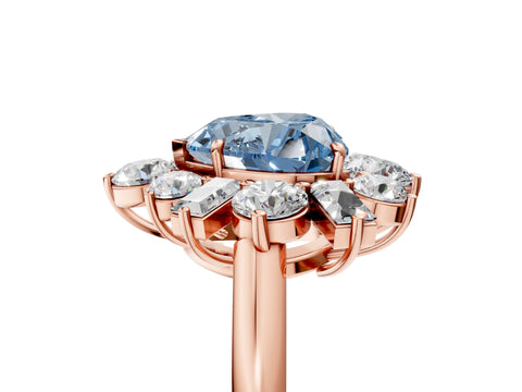 Rose gold Fancy Blue Heart Cut Diamond Cluster Ring with Round and Baguette Stones, Split Shank Band, Prong Setting_5