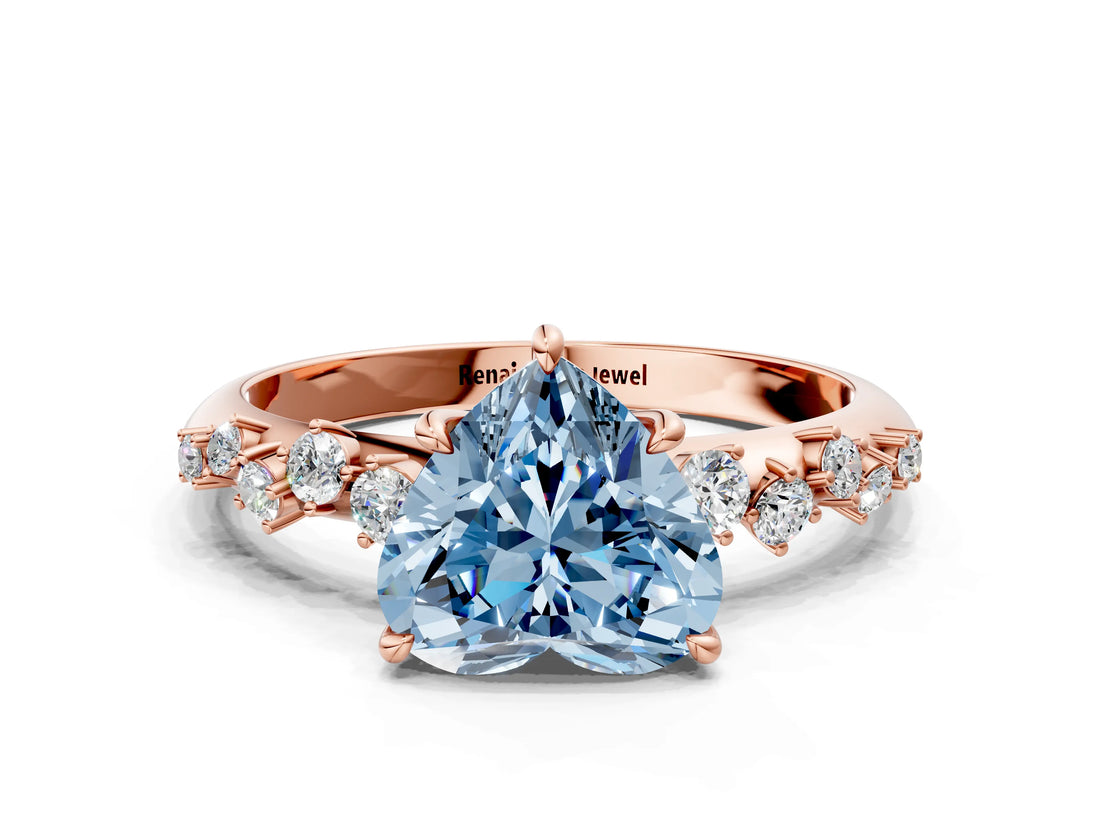 Rose gold Fancy Blue Heart Cut Diamond Cluster Side Stone Solitaire Ring with Prong Setting_78