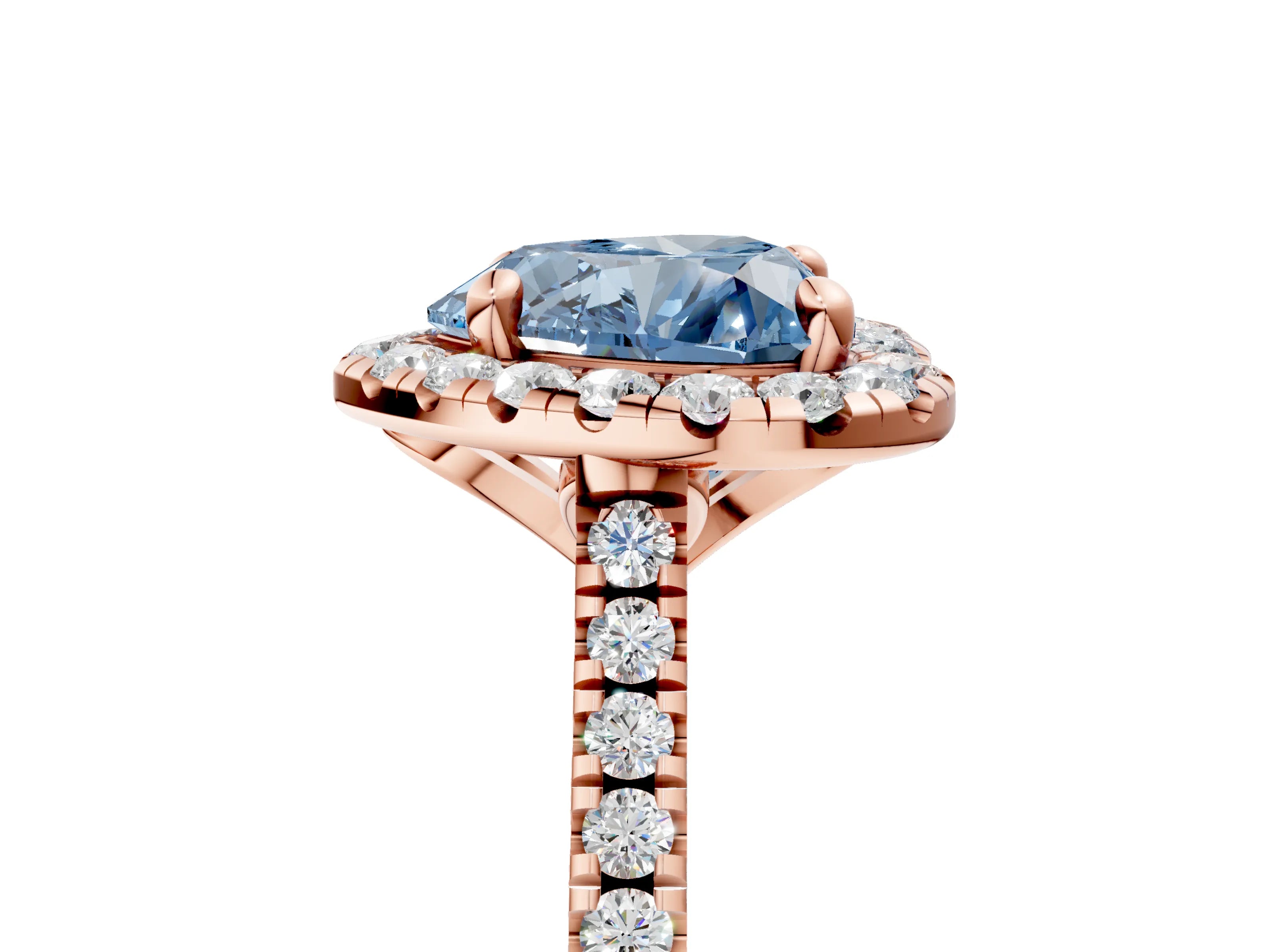 Rose gold Fancy Blue Heart Cut Diamond Cushion Halo Ring with Pavé Band_5