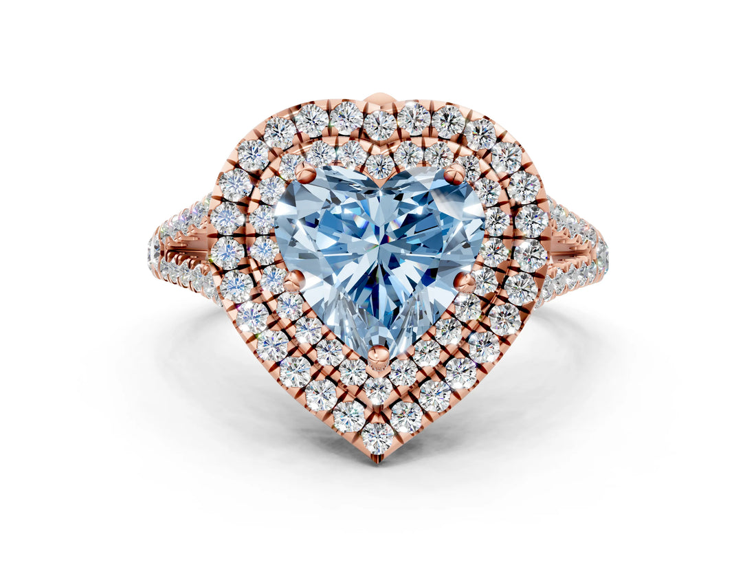 Rose gold Fancy Blue Heart Cut Diamond Double Halo Ring with Pavé Band and Prong Setting_58