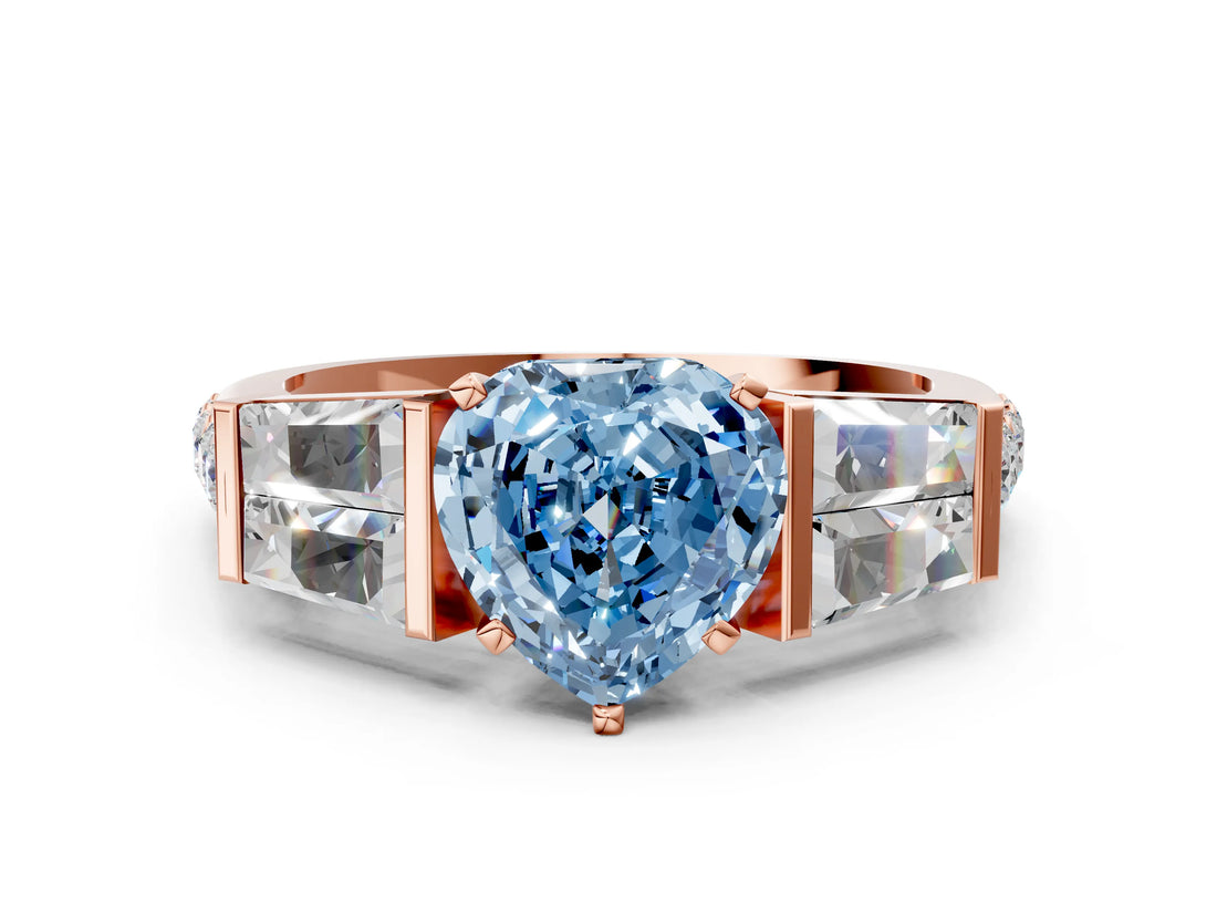 Rose gold Fancy Blue Heart Cut Diamond Engagement Ring with Baguette Side Stones and Channel Set Band_20