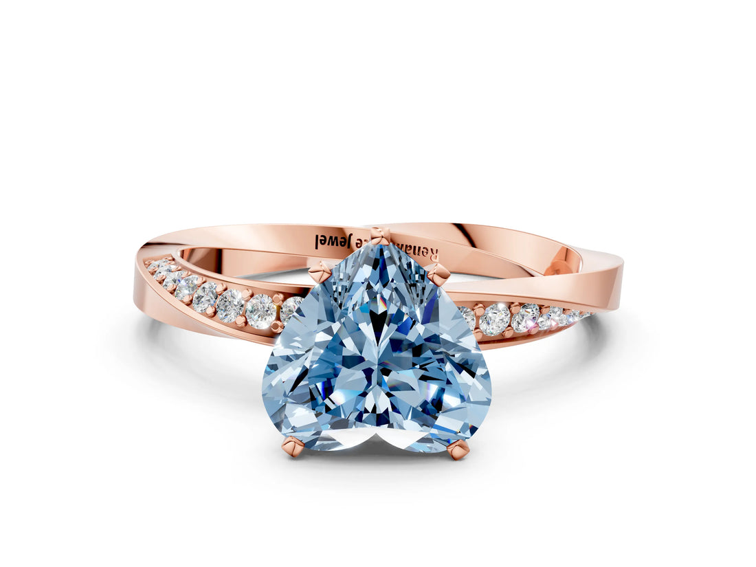 Rose gold Fancy Blue Heart Cut Diamond Engagement Ring with Side Stone Accents and Four-Prong Setting
