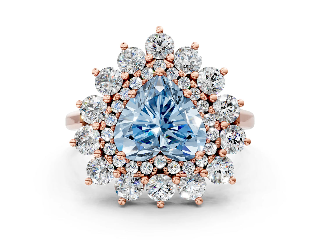 Rose gold Fancy Blue Heart Cut Diamond Floral Double Halo Engagement Ring with Prong Setting_72
