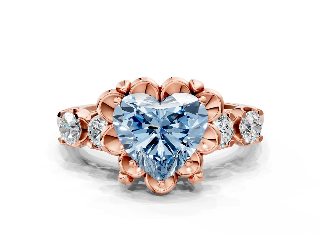 Rose gold Fancy Blue Heart  Cut Diamond Floral Halo Engagement Ring with Shared Prong Setting 1