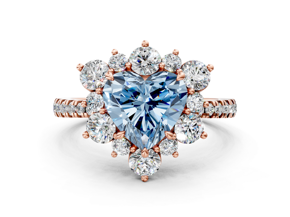 Rose gold Fancy Blue Heart  Cut Diamond Floral Halo Pave Band with Prong Setting_37