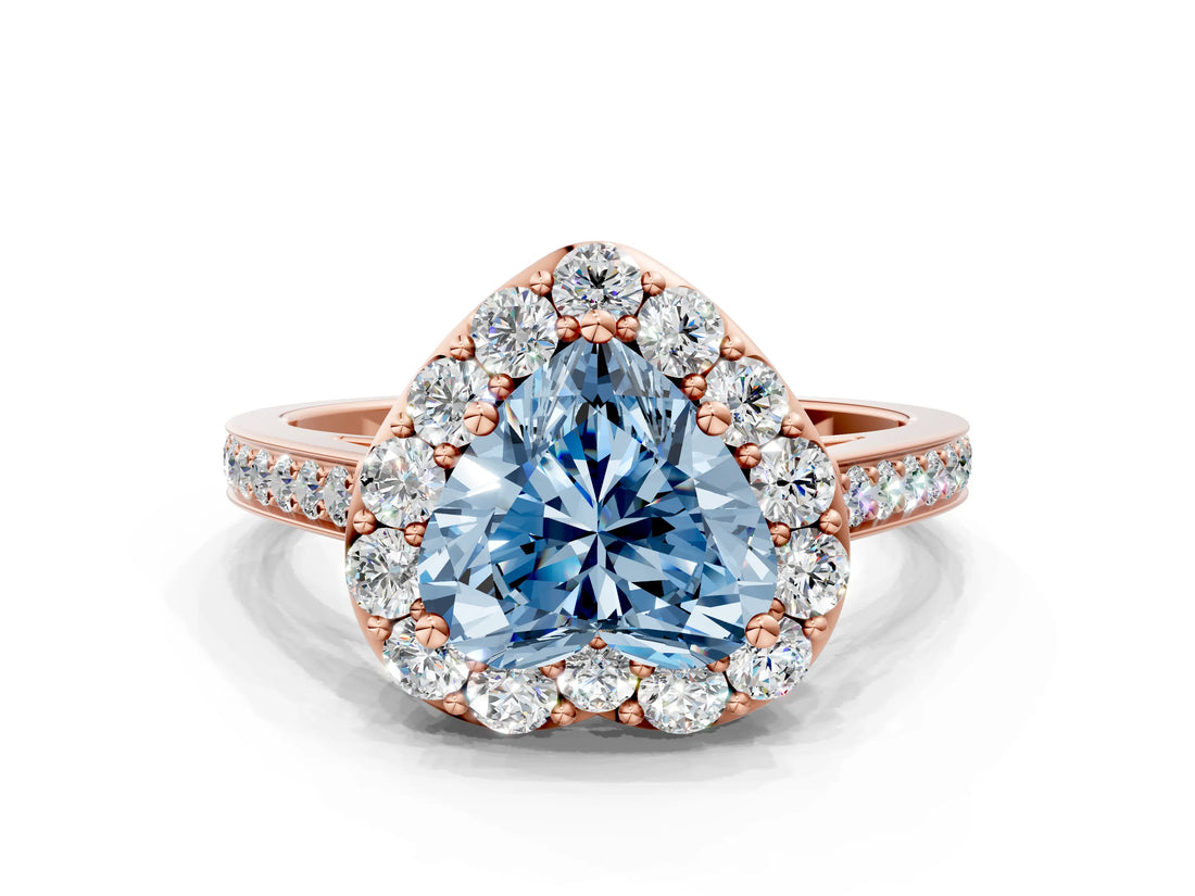 Rose gold Fancy Blue Heart Cut Diamond Floral Halo Ring with Pavé Band and Prong Setting_3