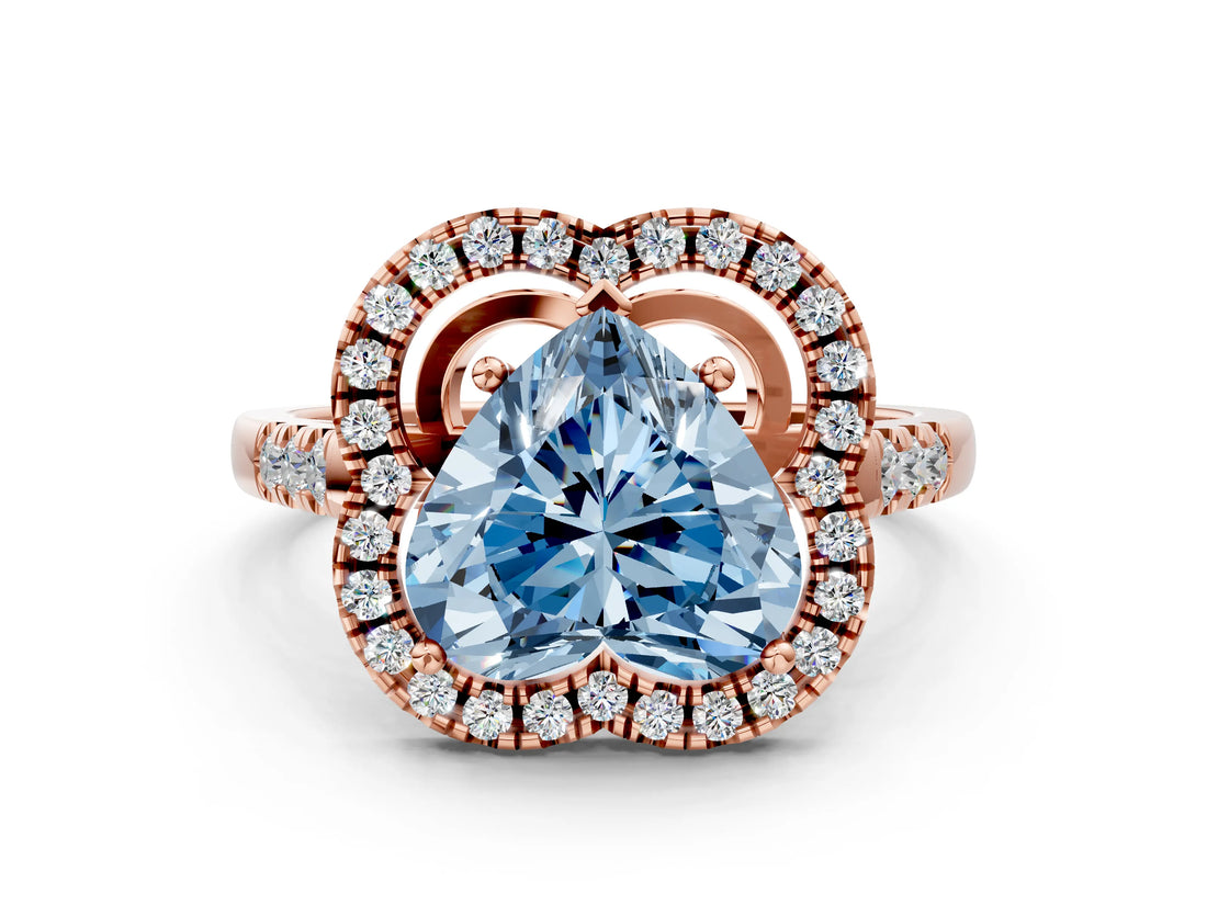 Rose gold Fancy Blue Heart Cut Diamond Floral Halo Split Shank Prong Setting Ring