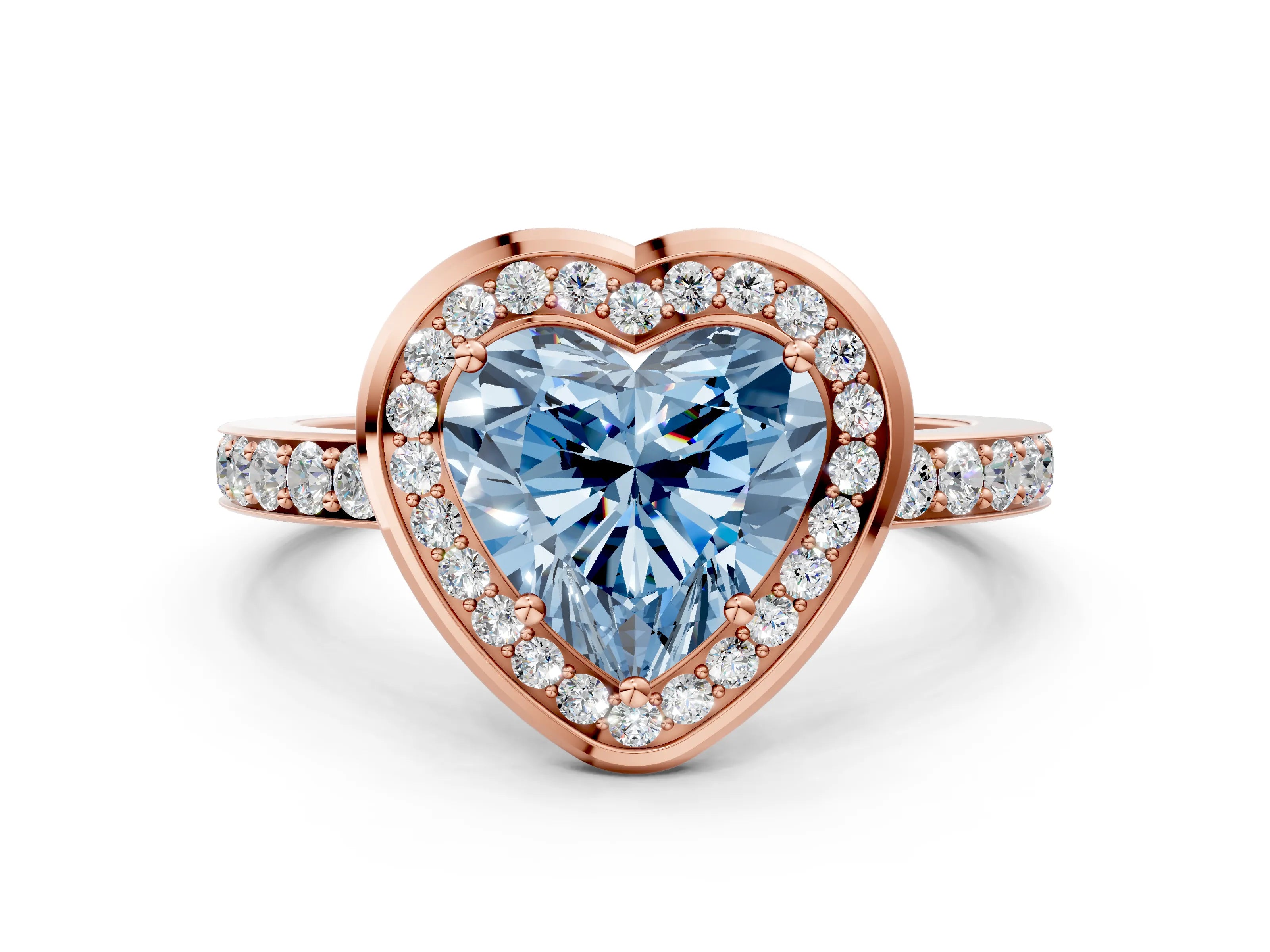Rose gold Fancy Blue Heart Cut Diamond Halo Ring with Bezel Frame and Pavé Band