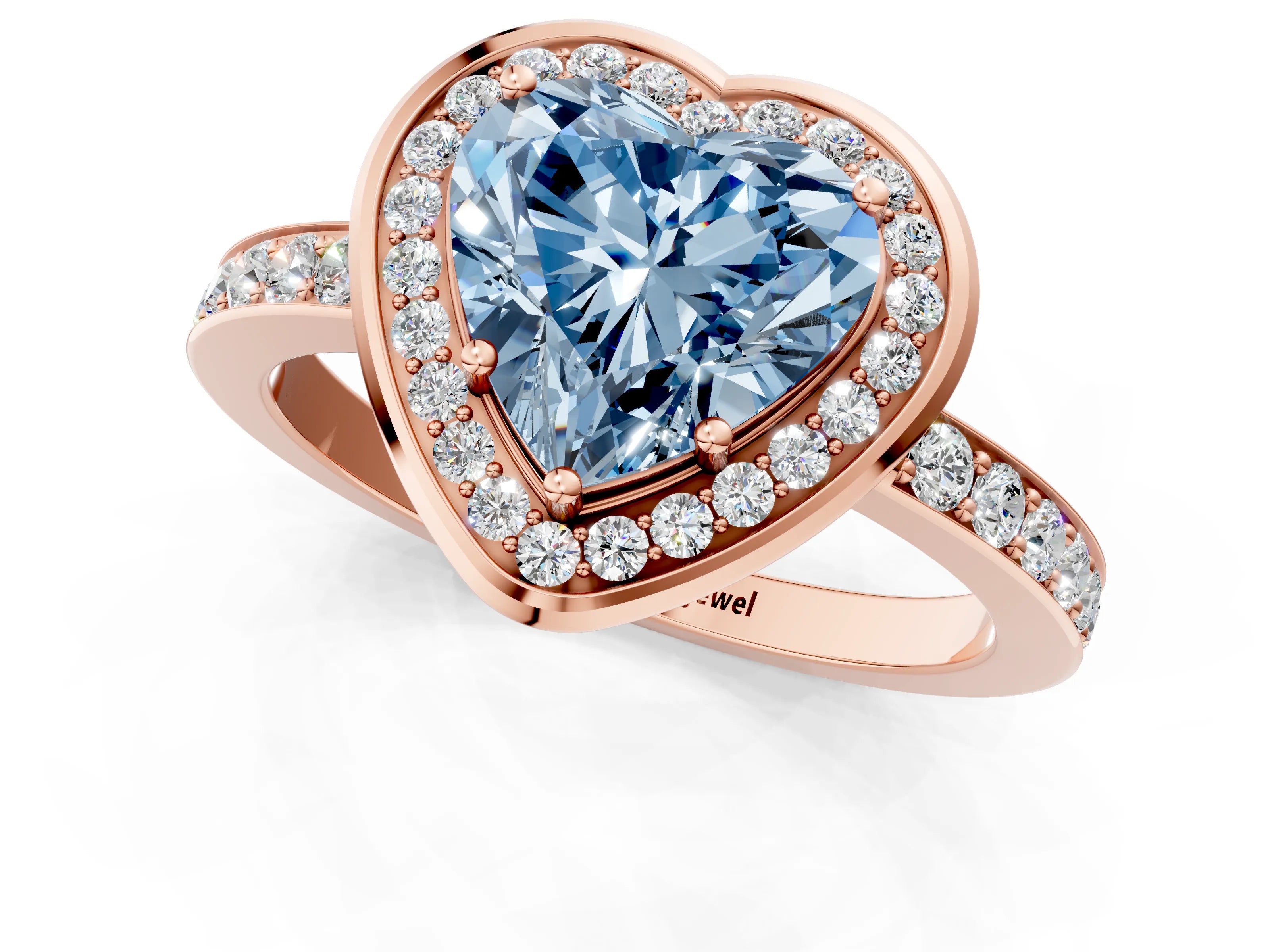 Rose gold Fancy Blue Heart Cut Diamond Halo Ring with Bezel Frame and Pavé Band_1