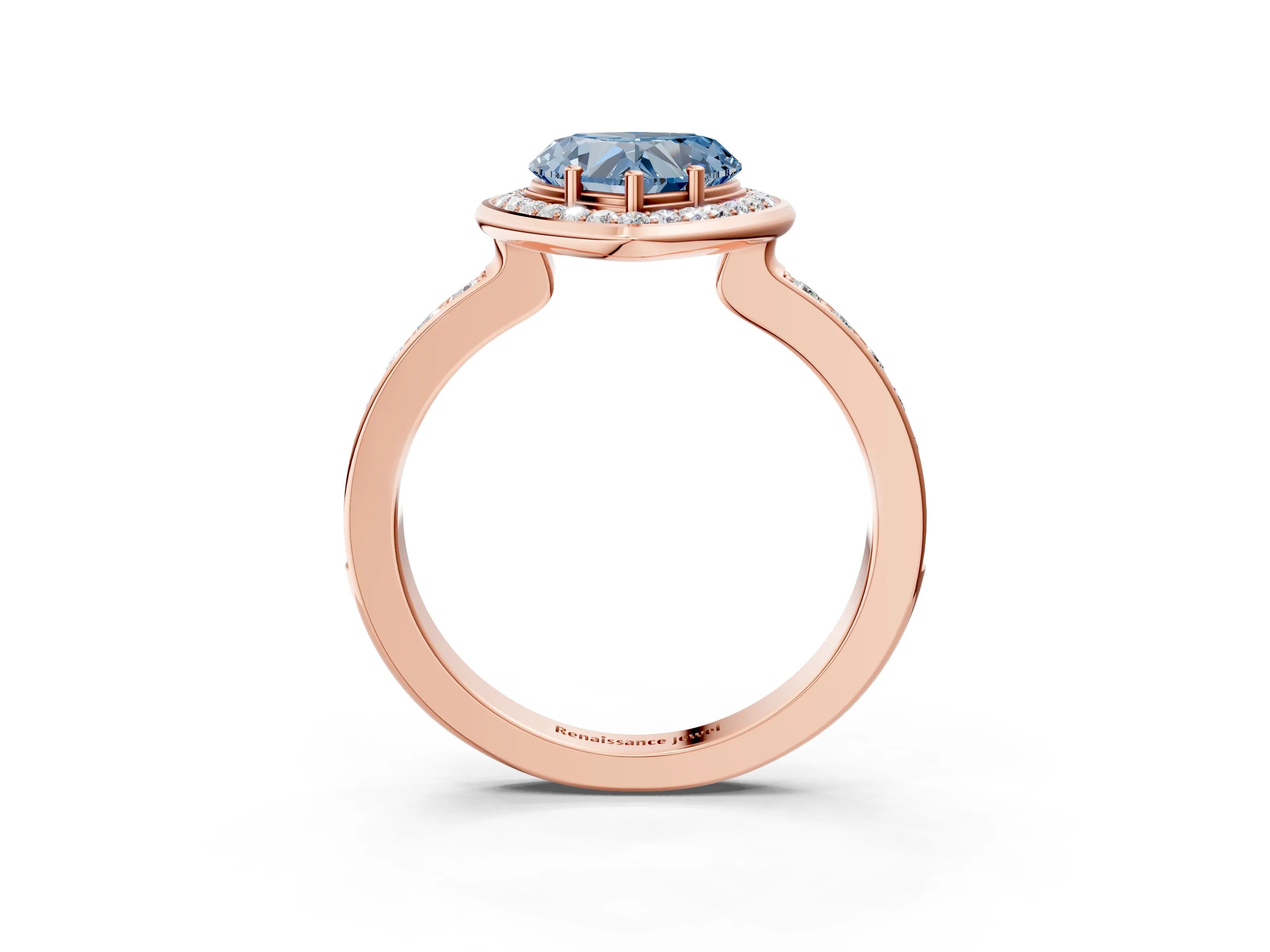Rose gold Fancy Blue Heart Cut Diamond Halo Ring with Bezel Frame and Pavé Band_3