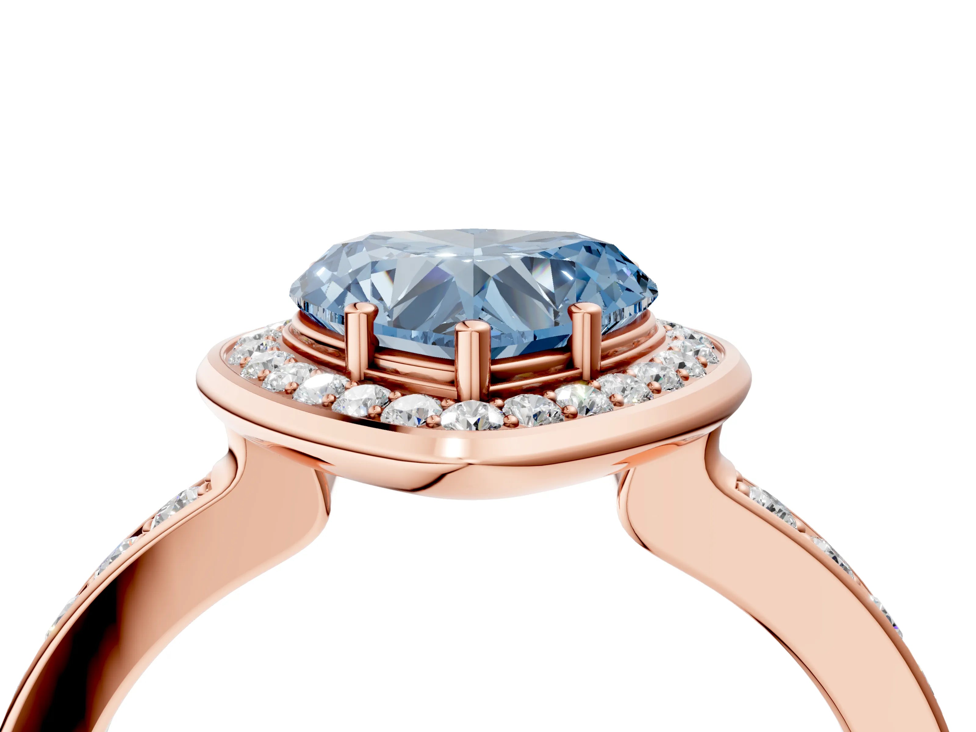 Rose gold Fancy Blue Heart Cut Diamond Halo Ring with Bezel Frame and Pavé Band_4