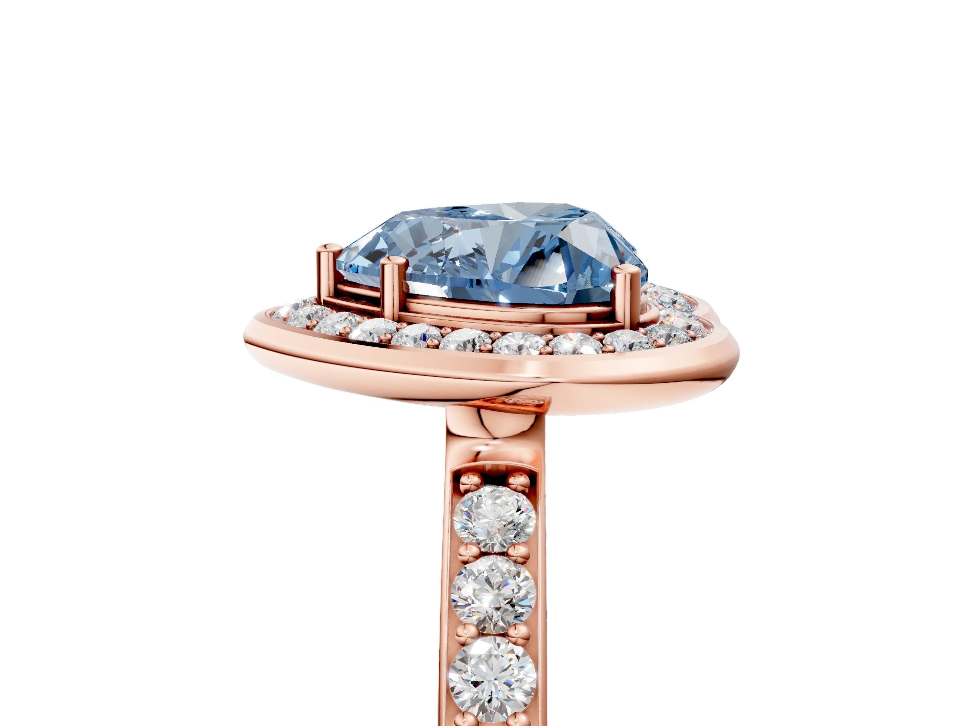 Rose gold Fancy Blue Heart Cut Diamond Halo Ring with Bezel Frame and Pavé Band_5
