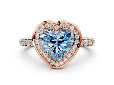 Rose gold Fancy Blue Heart Cut Diamond Halo Ring with Bezel Frame and Pavé Band