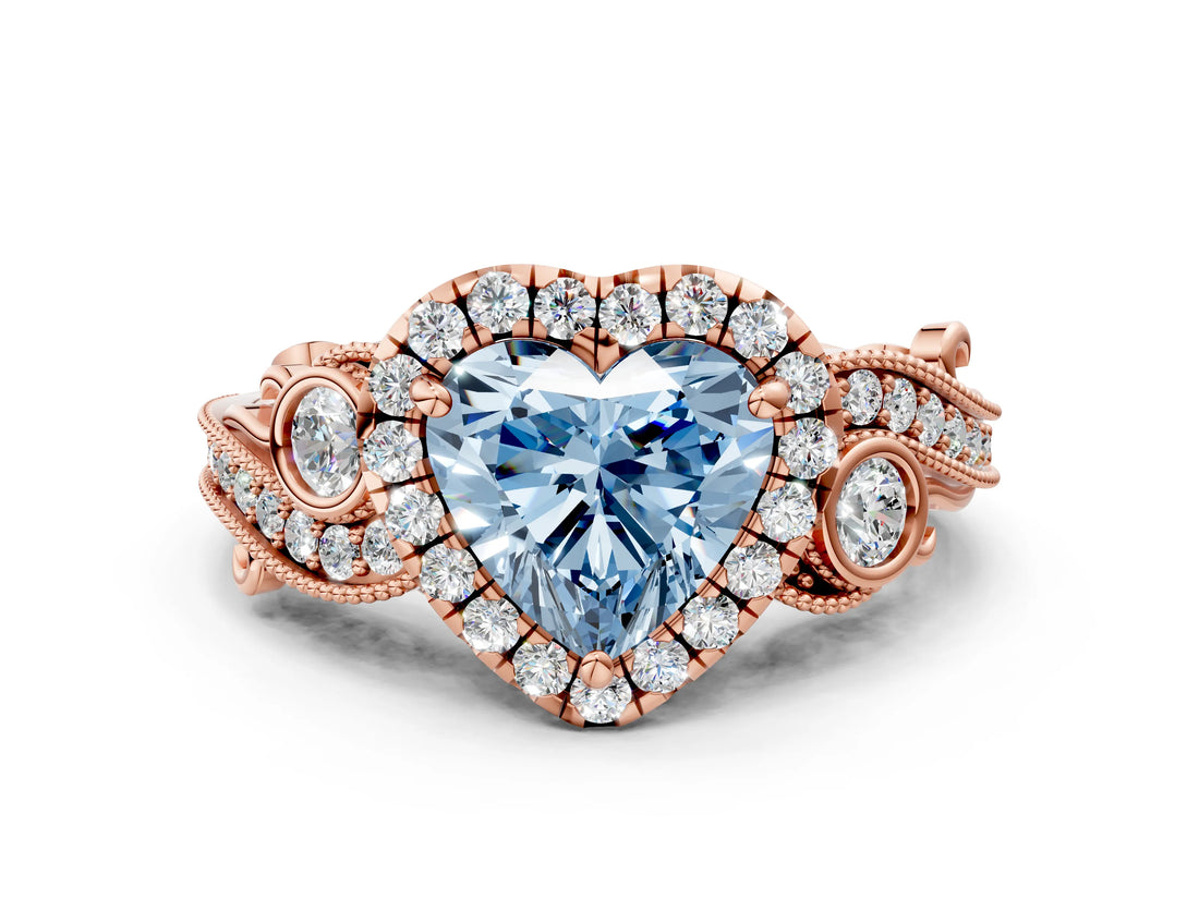 Rose gold Fancy Blue Heart Cut Diamond Halo Ring with Milgrain Pavé Band and Four-Prong Setting_54