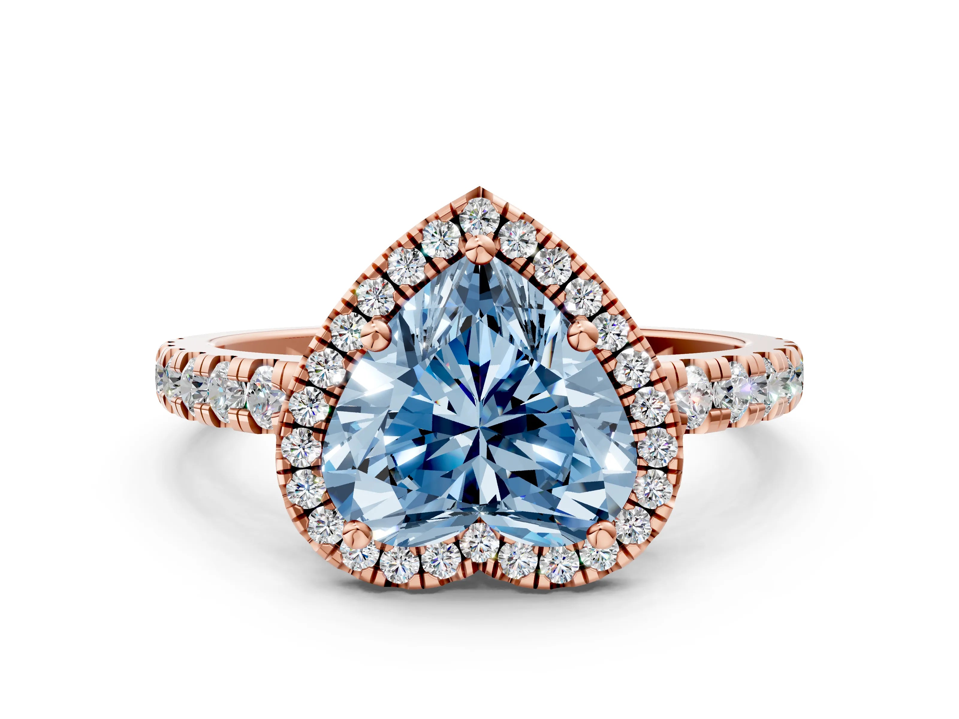 Rose gold Fancy Blue Heart Cut Diamond Halo Ring with Pavé Band and Four-Prong Setting
