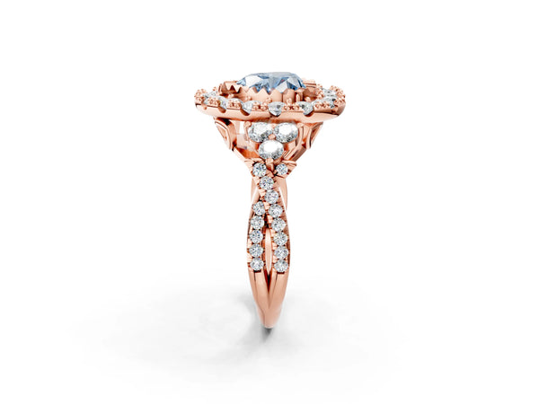 Rose Gold Heart-Shaped Halo Crossover Pave Engagement Ring Setting for Fancy Blue Center