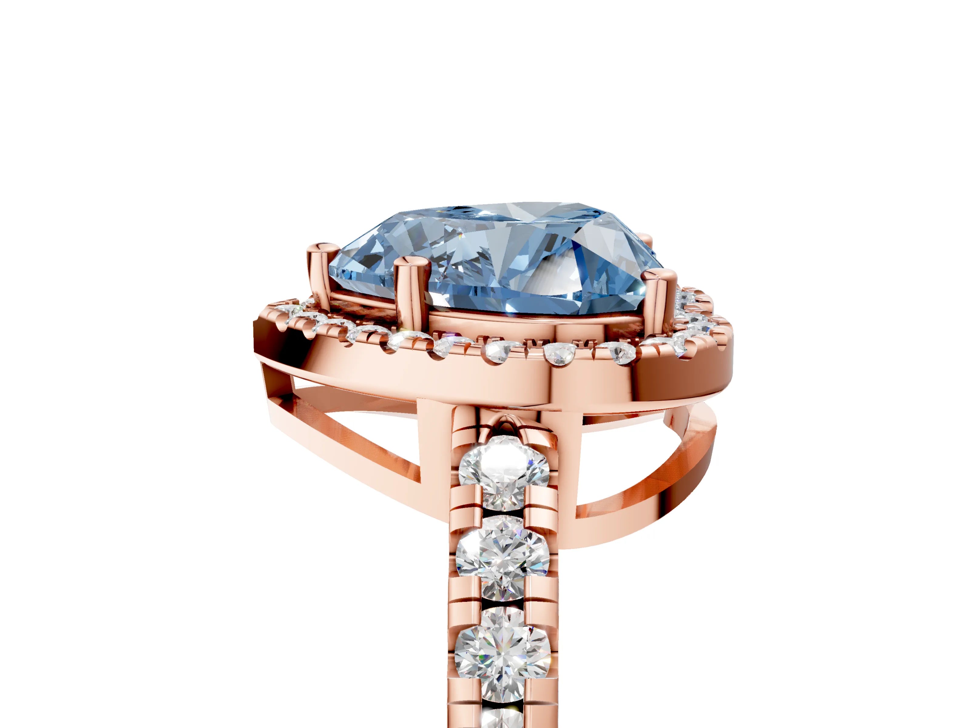 Rose gold Fancy Blue Heart Cut Diamond Halo Ring with Pavé Band and Four-Prong Setting_5