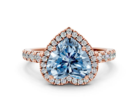 Rose gold Fancy Blue Heart Cut Diamond Halo Ring with Pavé Band and Four-Prong Setting