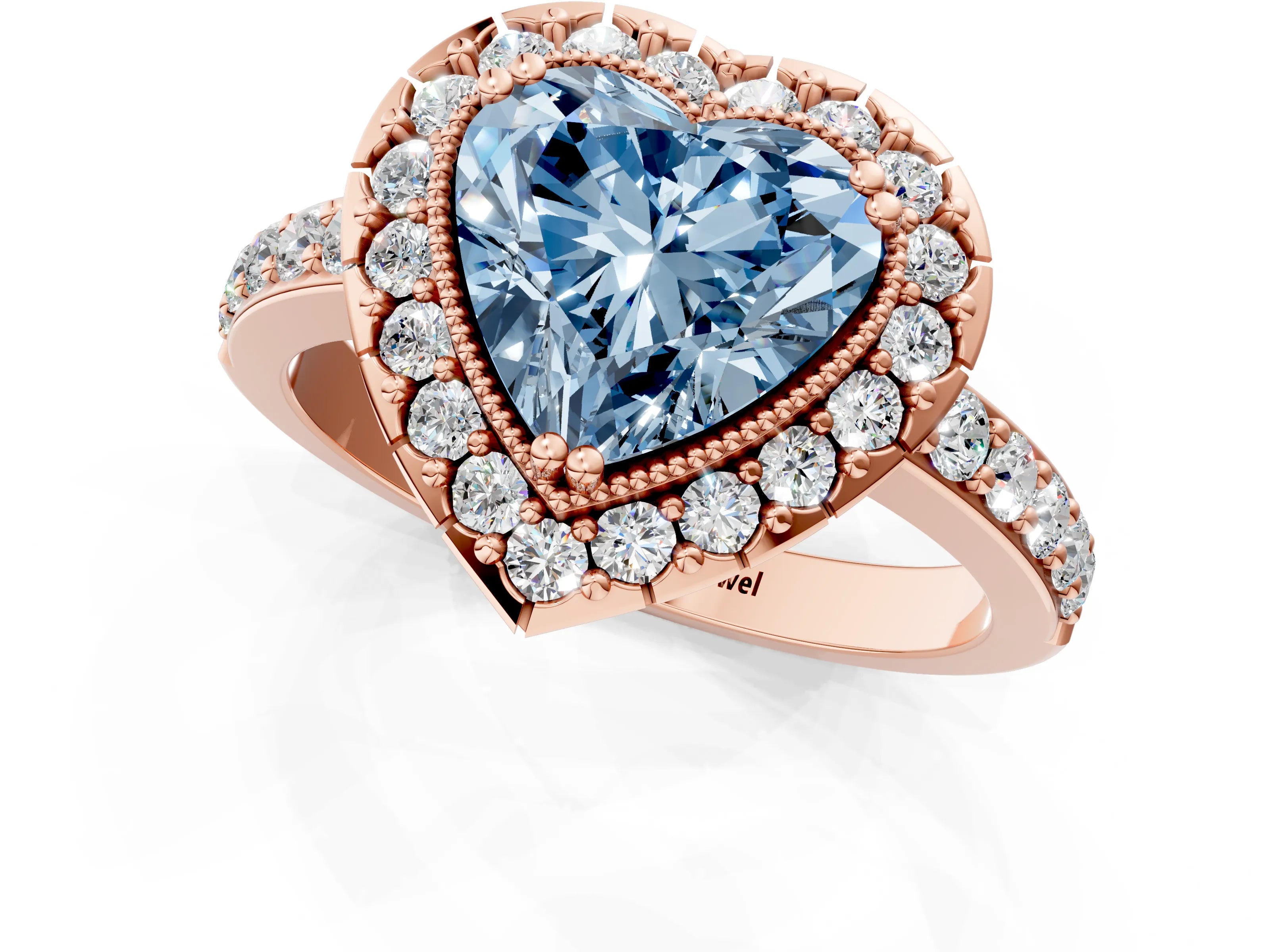 Rose gold Fancy Blue Heart Cut Diamond Halo Ring with Pavé Band and Prong Setting_1