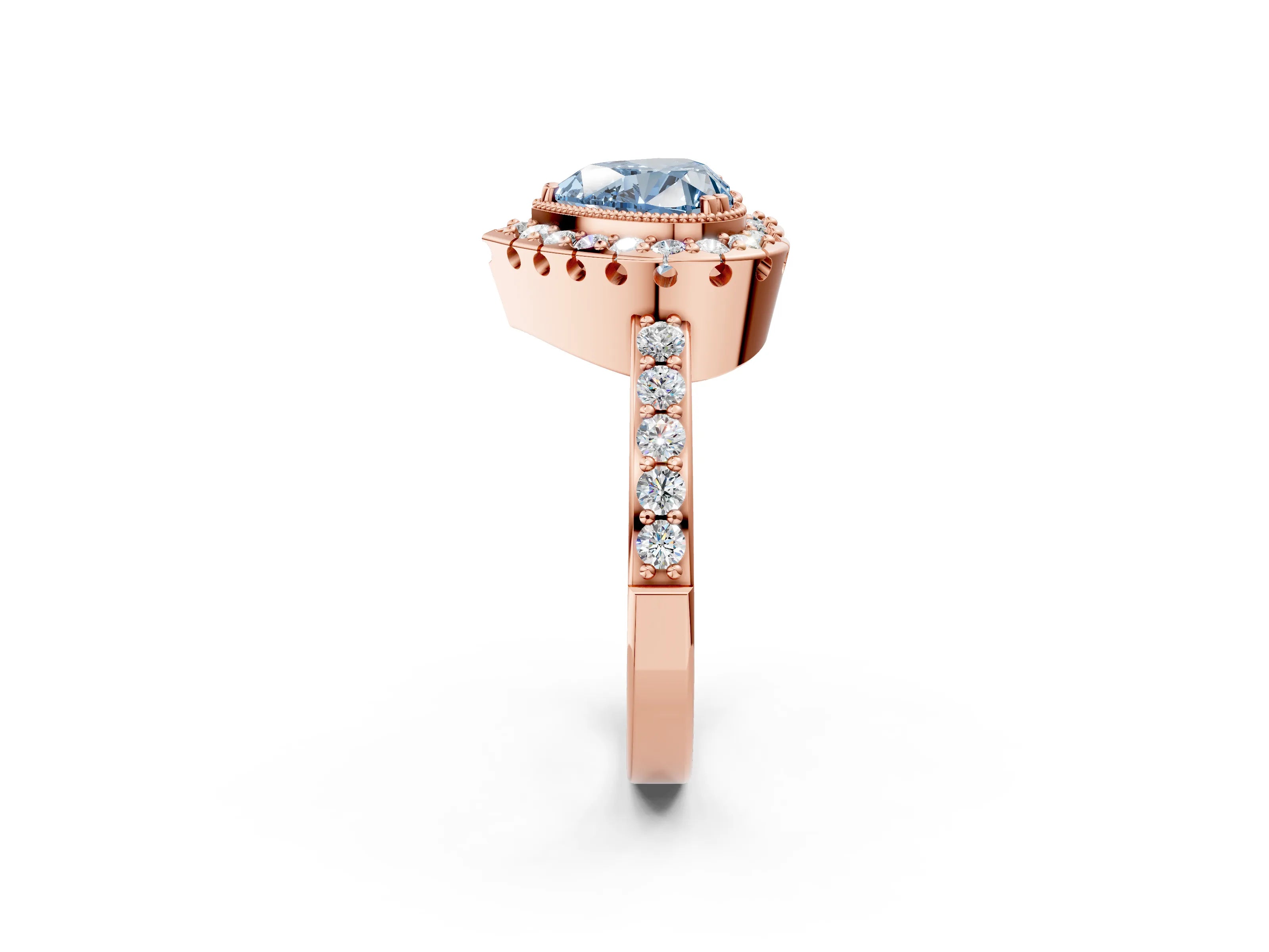 Rose gold Fancy Blue Heart Cut Diamond Halo Ring with Pavé Band and Prong Setting_2