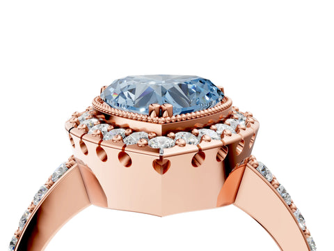 Rose gold Fancy Blue Heart Cut Diamond Halo Ring with Pavé Band and Prong Setting_4
