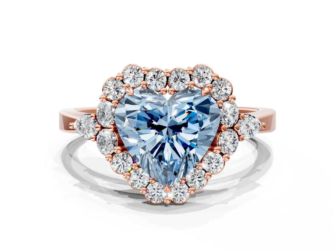 Rose gold Fancy Blue Heart Cut Diamond Halo Ring with Pear Side Stones and Prong Setting_72