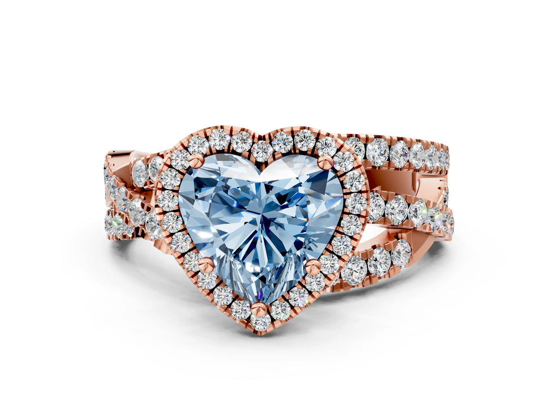Rose gold Fancy Blue Heart Cut Diamond Halo Ring with Round Split Shank and Prong Setting_36