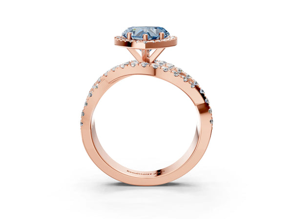 Rose Gold Heart-Shaped Halo Twist Engagement Ring Setting for Fancy Blue Center