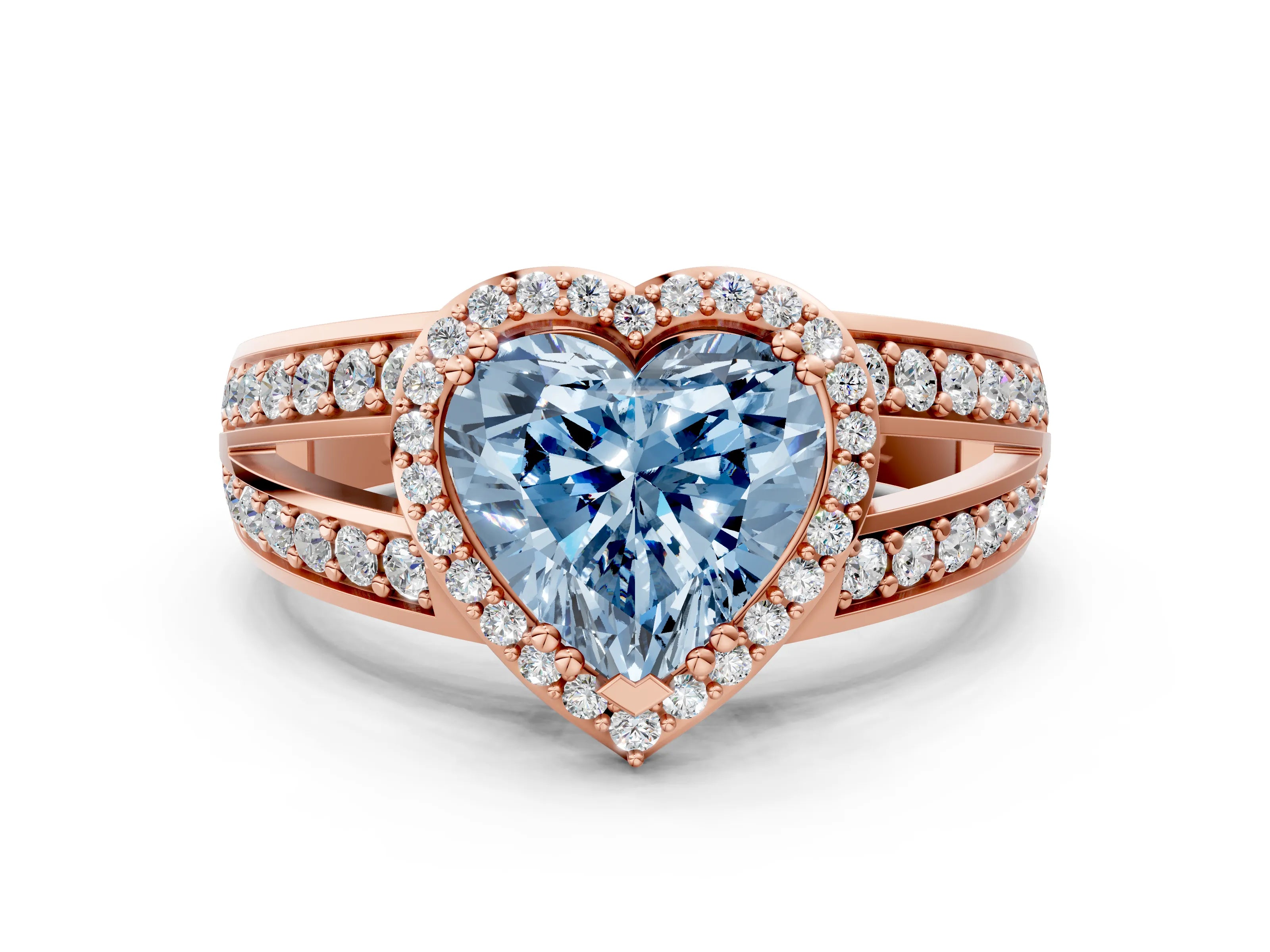 Rose gold Fancy Blue Heart Cut Diamond Halo Ring with Split Shank Pavé Band and Four-Prong Setting
