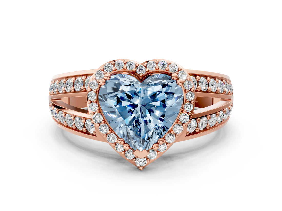 Rose gold Fancy Blue Heart Cut Diamond Halo Ring with Split Shank Pavé Band and Four-Prong Setting