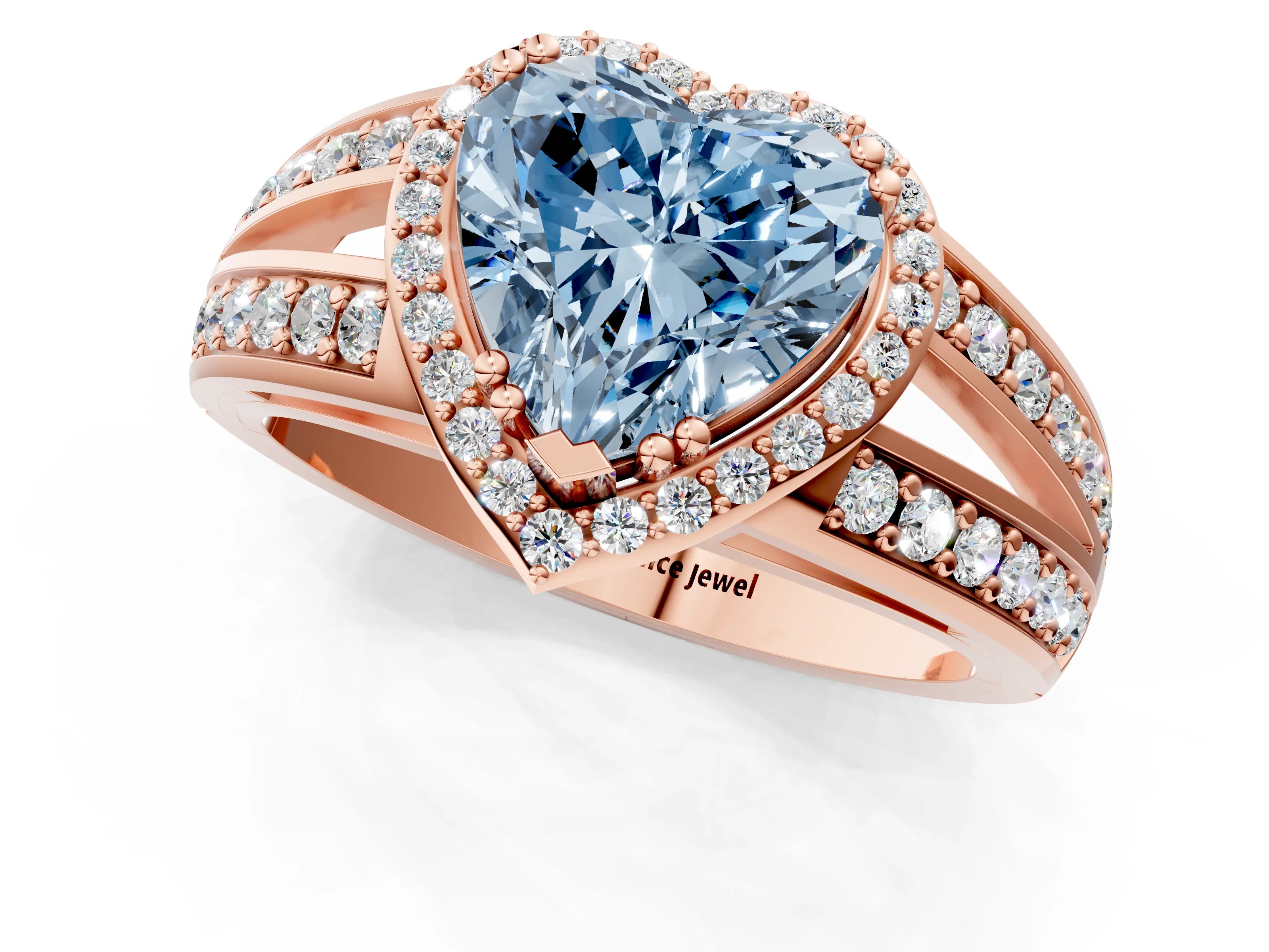 Rose gold Fancy Blue Heart Cut Diamond Halo Ring with Split Shank Pavé Band and Four-Prong Setting_1