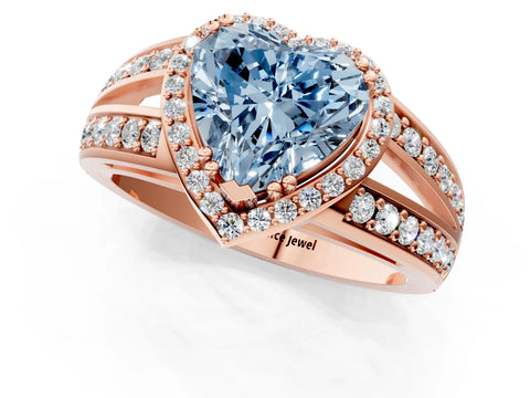 Rose gold Fancy Blue Heart Cut Diamond Halo Ring with Split Shank Pavé Band and Four-Prong Setting_1