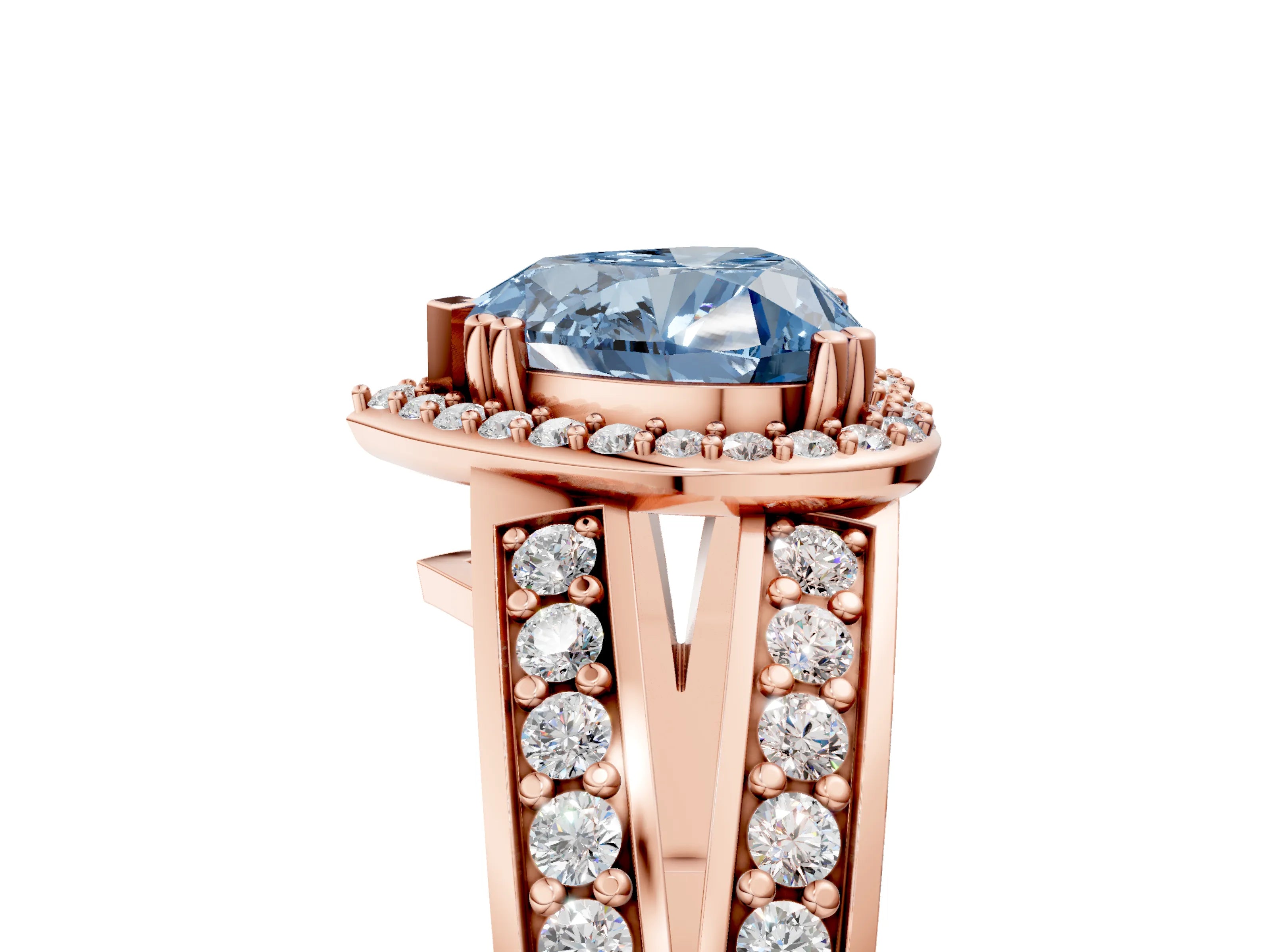 Rose gold Fancy Blue Heart Cut Diamond Halo Ring with Split Shank Pavé Band and Four-Prong Setting_5
