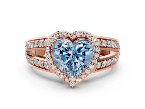 Rose gold Fancy Blue Heart Cut Diamond Halo Ring with Split Shank Pavé Band and Four-Prong Setting
