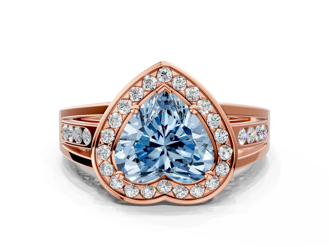 Rose gold Fancy Blue Heart Cut Diamond Halo Ring with Split Shank and Bezel Accents and Prong Setting