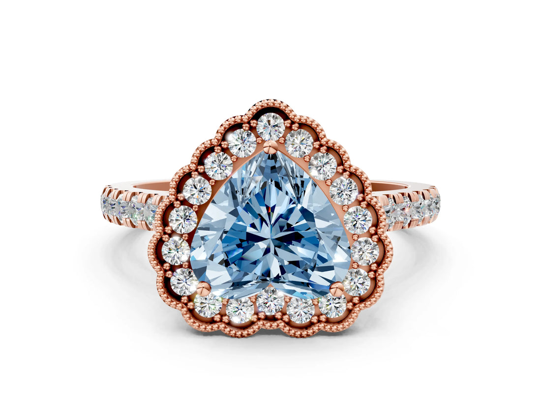 Rose gold Fancy Blue Heart  Cut Diamond Milgrain Floral Halo Engagement Ring with Pavé Band_15