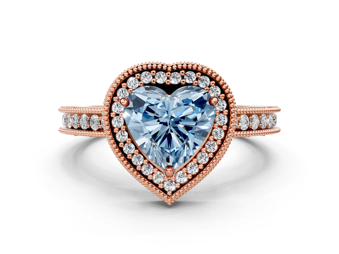 Rose gold Fancy Blue Heart Cut Diamond Milgrain Halo Engagement Ring with Round Pavé Band and Prong Setting_27