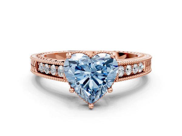 Rose gold Fancy Blue Heart Cut Diamond Ring with Milgrain Pavé Band and Four-Prong Setting