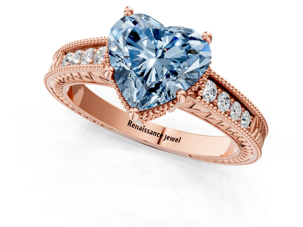 Rose gold Fancy Blue Heart Cut Diamond Ring with Milgrain Pavé Band and Four-Prong Setting