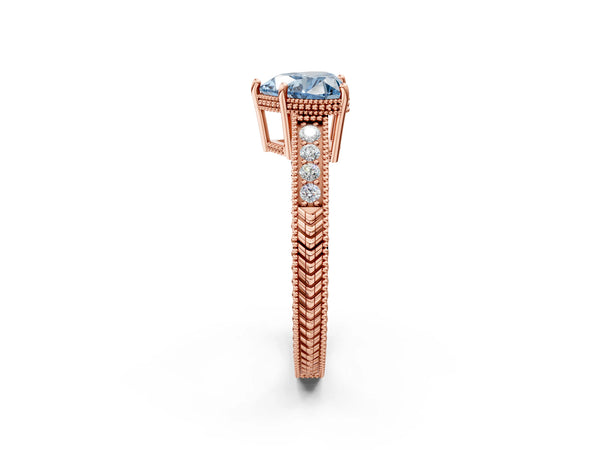 Rose gold Fancy Blue Heart Cut Diamond Ring with Milgrain Pavé Band and Four-Prong Setting