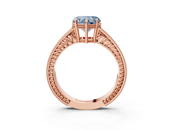 Rose gold Fancy Blue Heart Cut Diamond Ring with Milgrain Pavé Band and Four-Prong Setting
