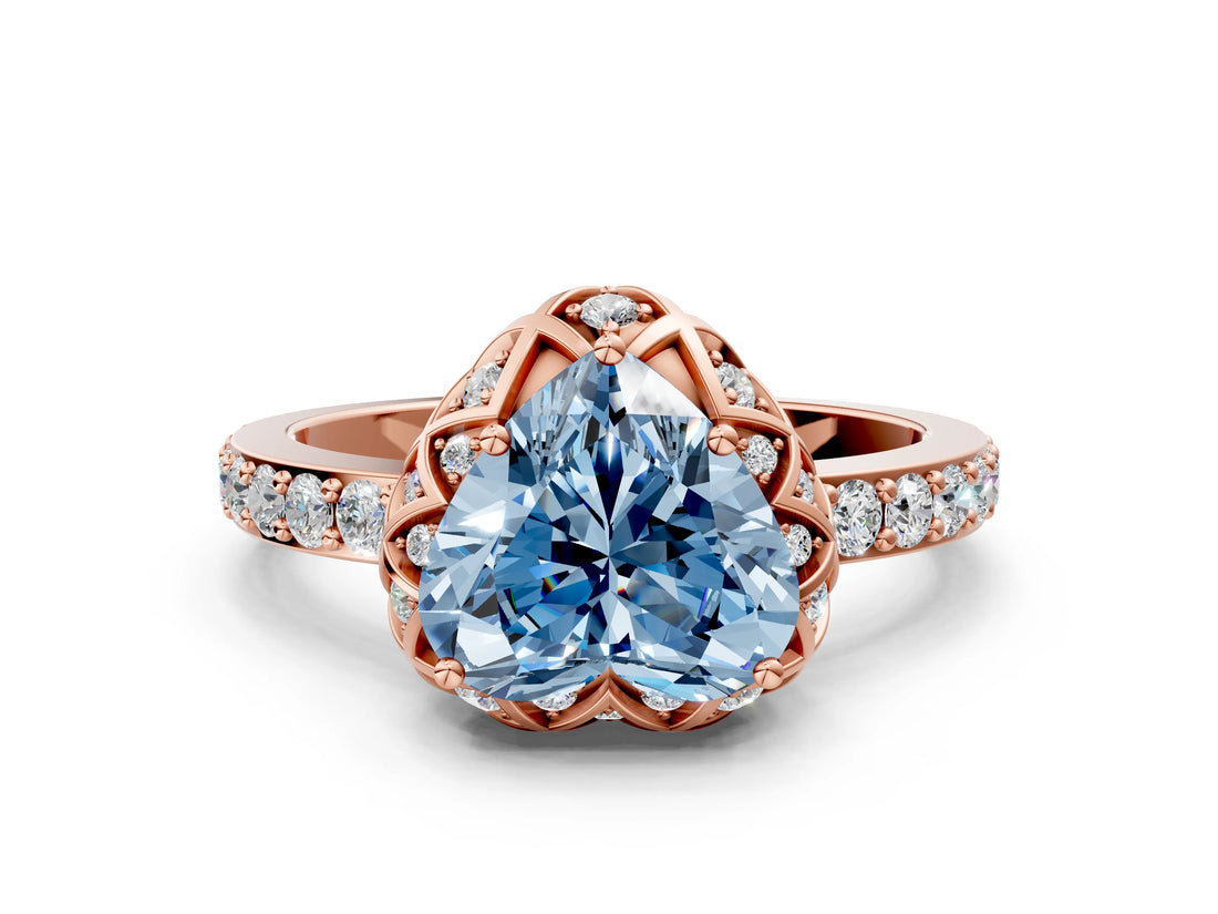 Rose gold Fancy Blue Heart Cut Diamond Scalloped Halo Engagement Ring with Round Shared Prong Band_12