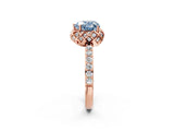 Rose gold Fancy Blue Heart Cut Diamond Scalloped Halo Engagement Ring with Round Shared Prong Band_26